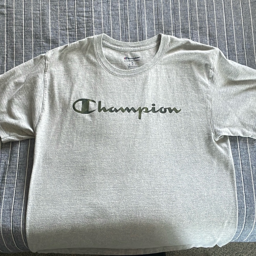 Champion T-Shirt size Medium. Color Gray, with logo on front of it color green.